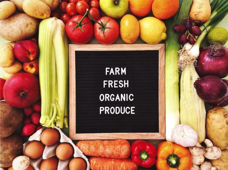 Farm, Fresh, Organic, Produce board rounded with vegetables